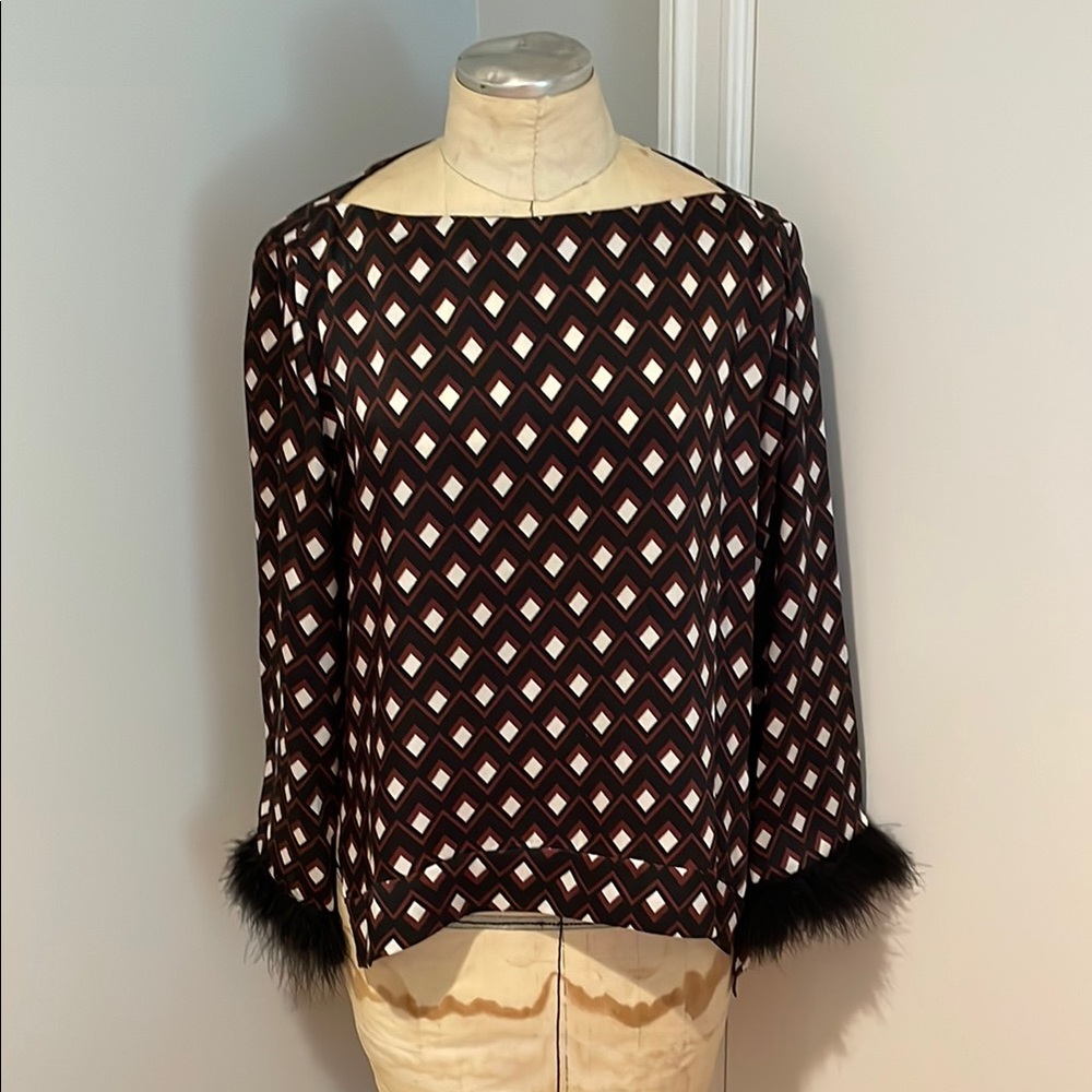 Zara Geometric Black and White Women's Top with Feather Trim Size Small